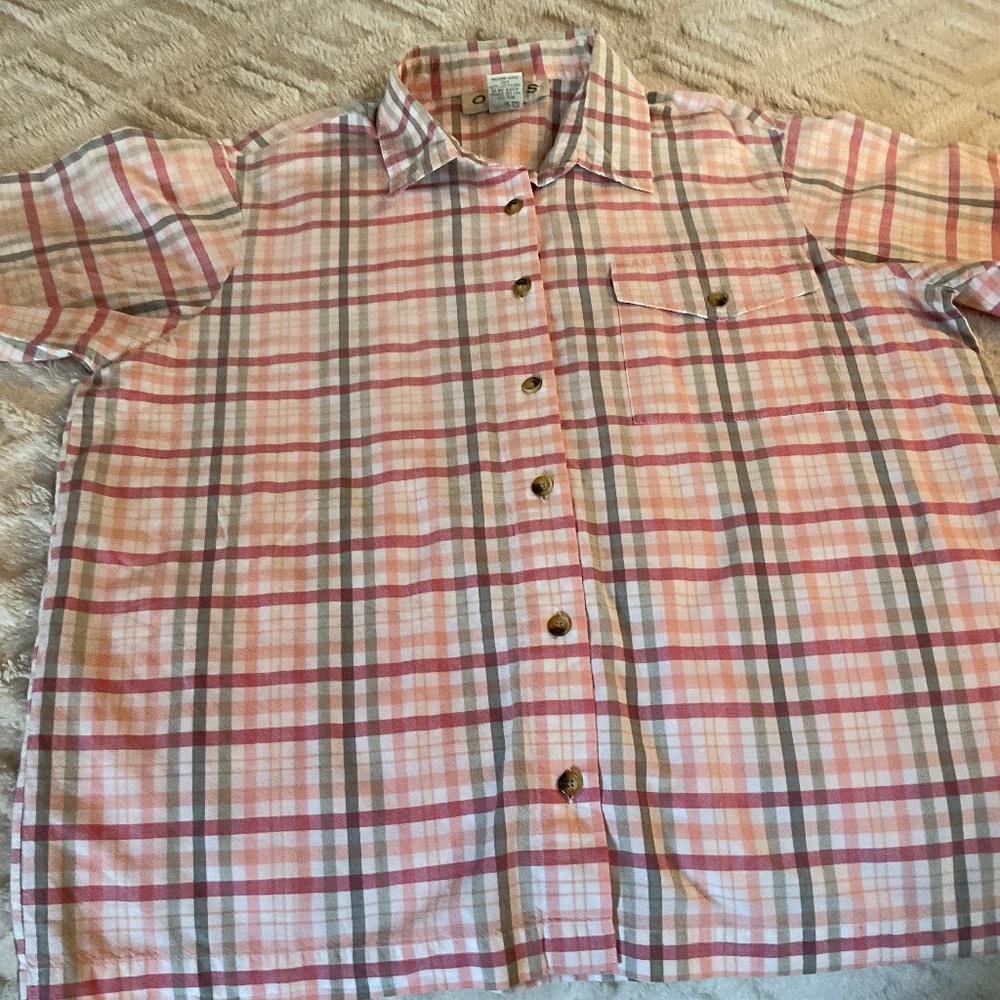 Orvis medium pink and green short sleeve check top